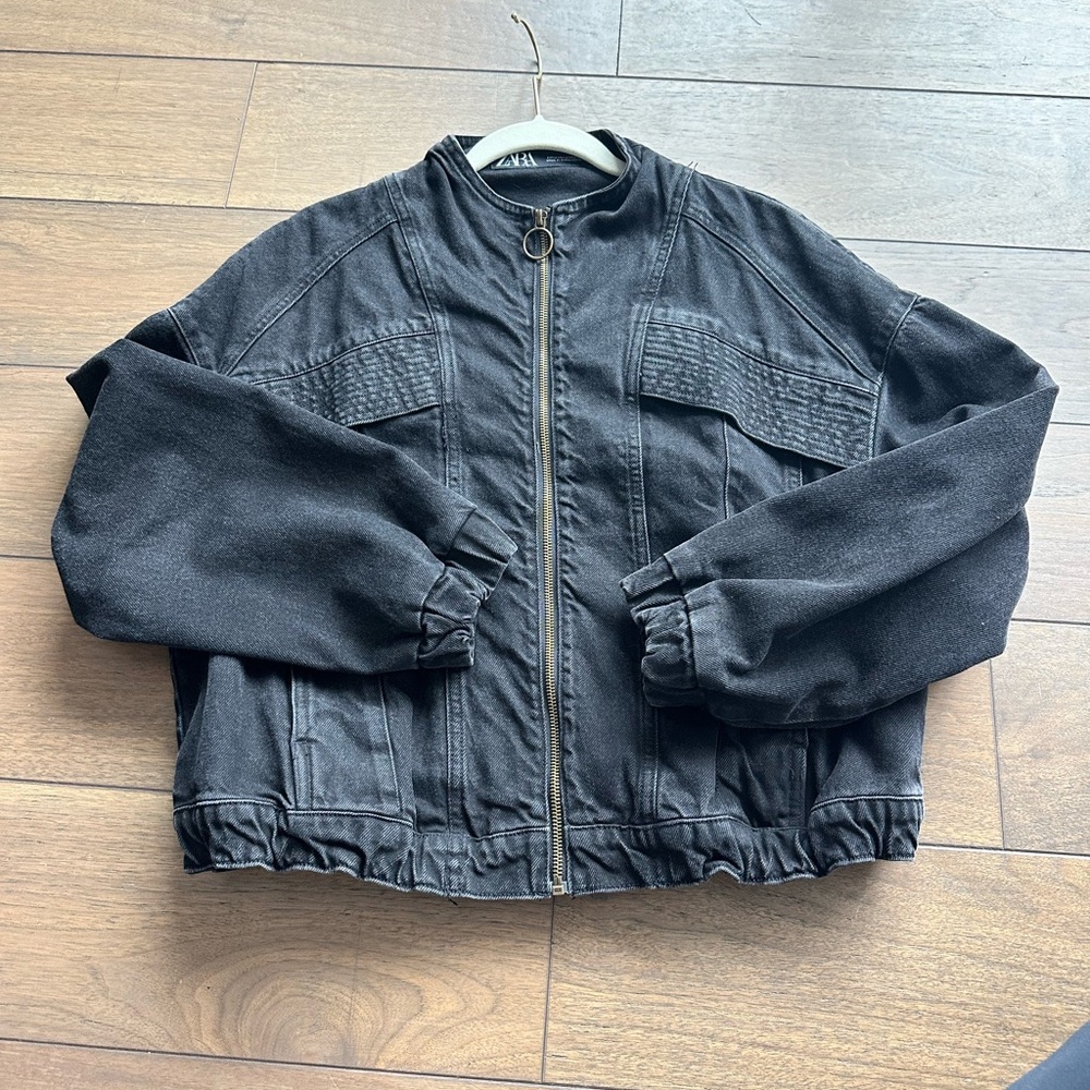 Zara Black Jean Jacket with Zip Front